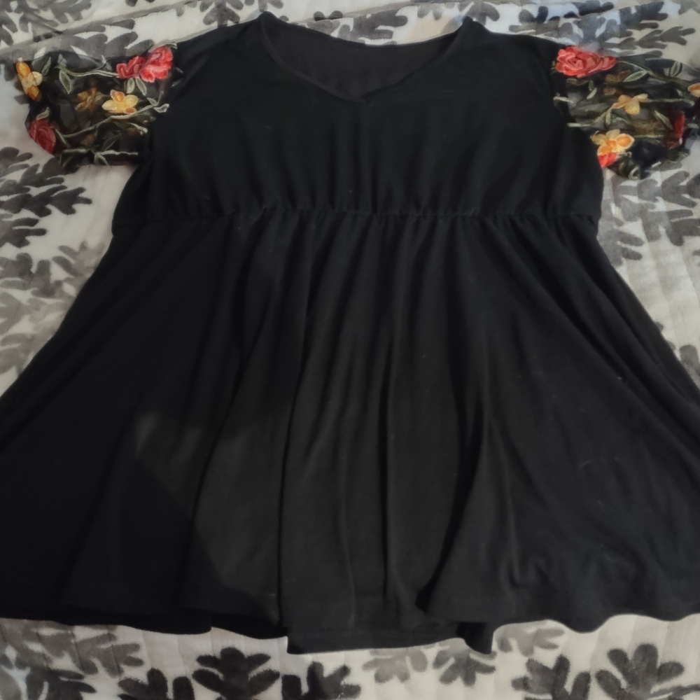 Floral Sleeve Black Top